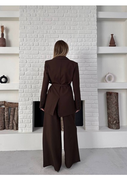 Kadın Yandan Bağlamalı Kuşaklı Blazer Ceket Palazzo Pantolon Ikili Takım Elbise fırsatları