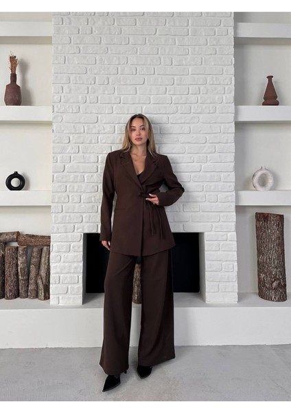 Kadın Yandan Bağlamalı Kuşaklı Blazer Ceket Palazzo Pantolon Ikili Takım Elbise
