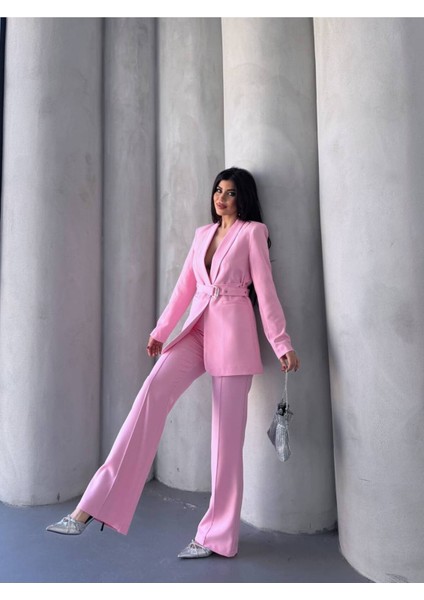 Kadın Ikili Kemer Detay Ceket Palazzo Pantolon Premium Takım Elbise