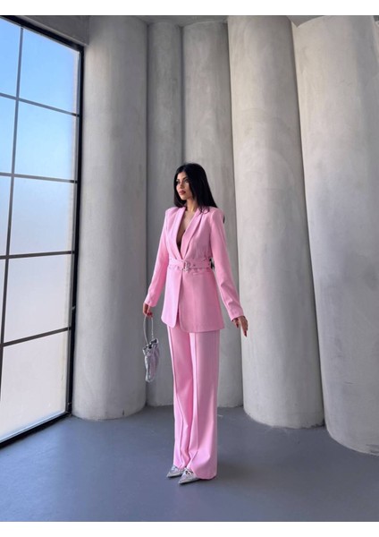 Kadın Ikili Kemer Detay Ceket Palazzo Pantolon Premium Takım Elbise fiyatları