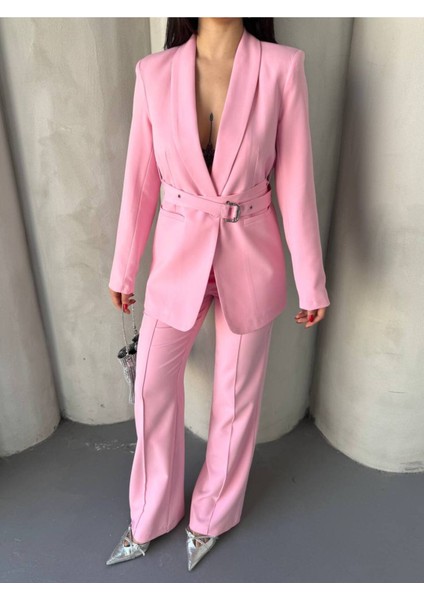 Kadın Ikili Kemer Detay Ceket Palazzo Pantolon Premium Takım Elbise fırsatları