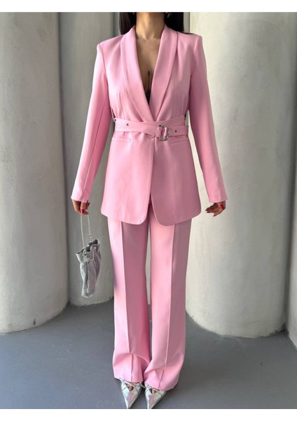 Kadın Ikili Kemer Detay Ceket Palazzo Pantolon Premium Takım Elbise