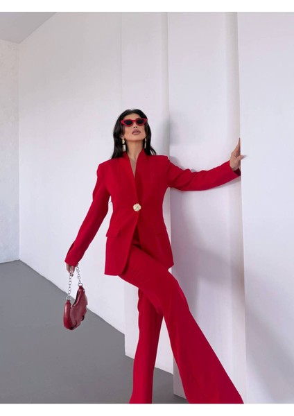 Kadın Gold Kurabiye Düğmeli Blazer Ceket Palazzo Pantolon Takım Elbise fırsatları