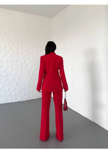 Kadın Gold Kurabiye Düğmeli Blazer Ceket Palazzo Pantolon Takım Elbise