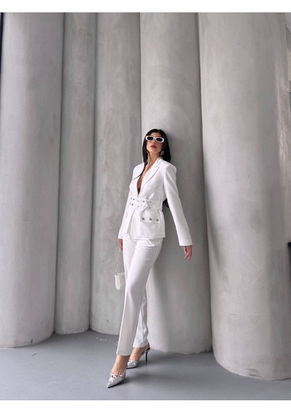 Kadın Zımba Kemer Detaylı Çıtçıtlı Cekete Palazzo Pantolon Şık Takım Elbise fiyatları