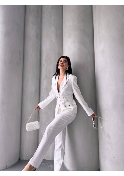 Kadın Zımba Kemer Detaylı Çıtçıtlı Cekete Palazzo Pantolon Şık Takım Elbise fırsatları