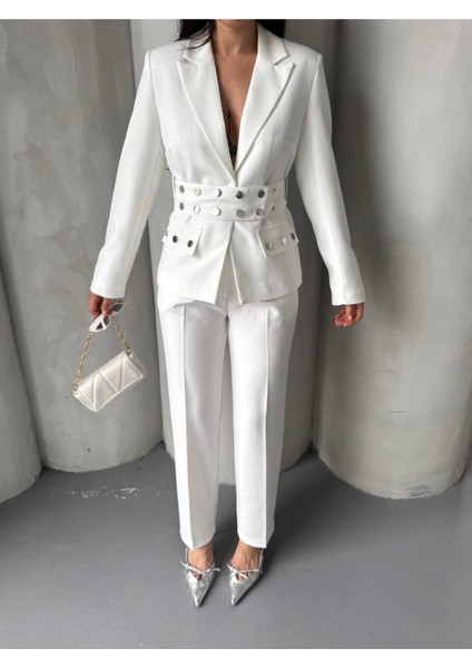 Kadın Zımba Kemer Detaylı Çıtçıtlı Cekete Palazzo Pantolon Şık Takım Elbise indirimleri