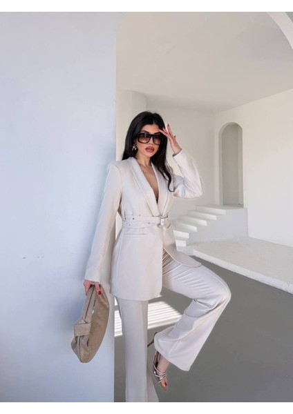 Kadın Ikili Kemer Detay Ceket Palazzo Pantolon Premium Takım Elbise fırsatları