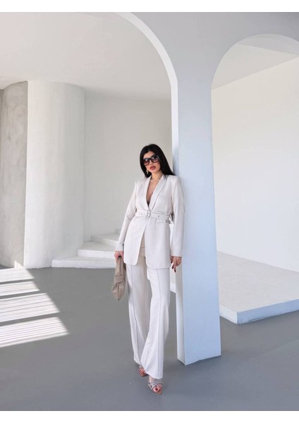 Kadın Ikili Kemer Detay Ceket Palazzo Pantolon Premium Takım Elbise indirimleri