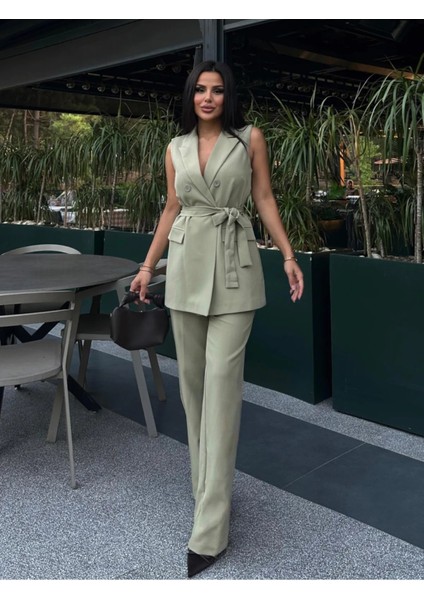 Kadın Kuşaklı Yelek Pantolon Takım Elbise fiyatları