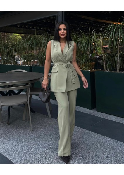 Kadın Kuşaklı Yelek Pantolon Takım Elbise modelleri