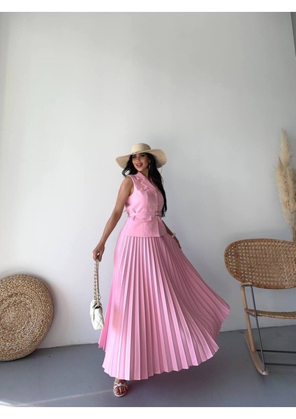 Kadın Kemerli Düğmeli Yelek Pileli Etek Takım Elbise modelleri