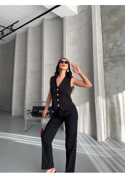 Kadın Alt Üst Takım Şık Taş Düğme Detaylı Premium Yelek Pantolon Ikili Takım Elbise fiyatları