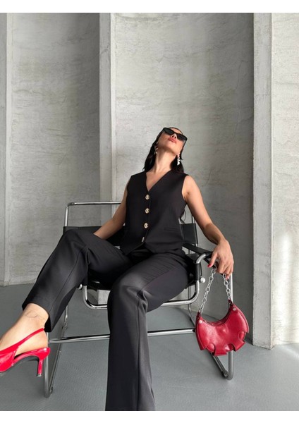 Kadın Alt Üst Takım Şık Taş Düğme Detaylı Premium Yelek Pantolon Ikili Takım Elbise indirimleri