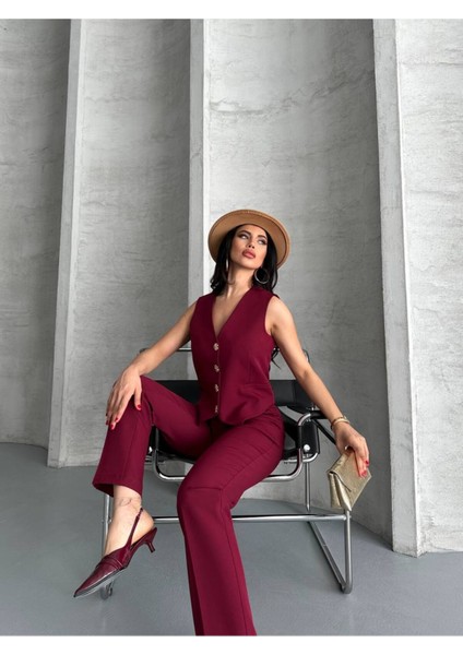 Kadın Alt Üst Takım Şık Taş Düğme Detaylı Premium Yelek Pantolon Ikili Takım Elbise