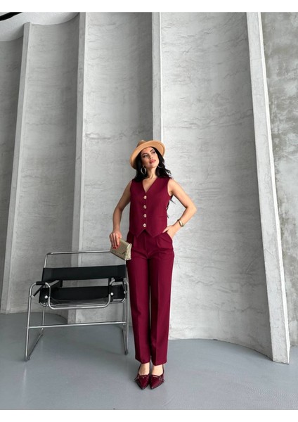 Kadın Alt Üst Takım Şık Taş Düğme Detaylı Premium Yelek Pantolon Ikili Takım Elbise modelleri