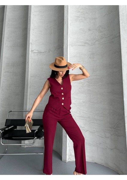 Kadın Alt Üst Takım Şık Taş Düğme Detaylı Premium Yelek Pantolon Ikili Takım Elbise fırsatları