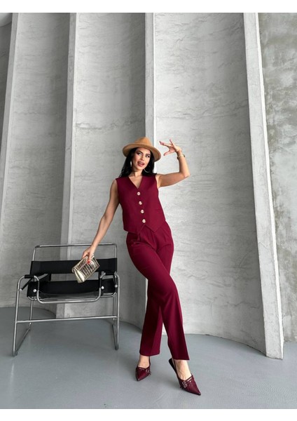 Kadın Alt Üst Takım Şık Taş Düğme Detaylı Premium Yelek Pantolon Ikili Takım Elbise indirimleri