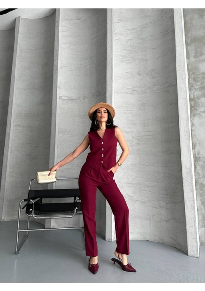Kadın Alt Üst Takım Şık Taş Düğme Detaylı Premium Yelek Pantolon Ikili Takım Elbise