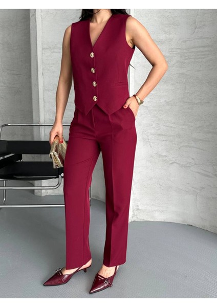 Kadın Alt Üst Takım Şık Taş Düğme Detaylı Premium Yelek Pantolon Ikili Takım Elbise