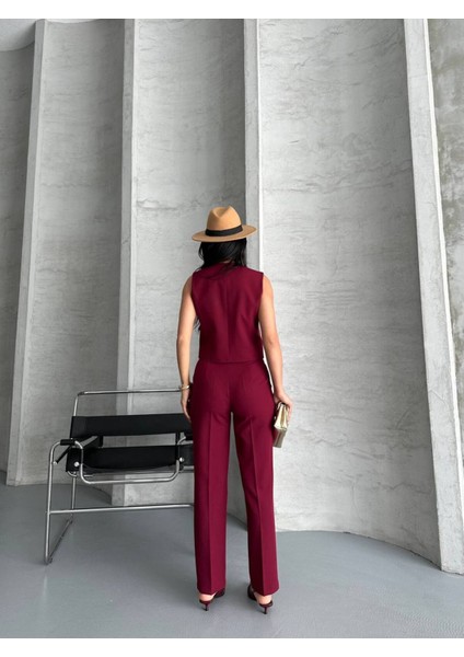 Kadın Alt Üst Takım Şık Taş Düğme Detaylı Premium Yelek Pantolon Ikili Takım Elbise