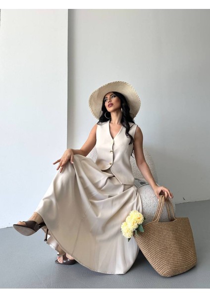 Kadın Alt Üst Takım Şık Düğme Detaylı Premium Yelek Etek Ikili Takım Elbise indirimleri