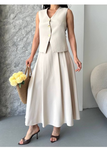 Kadın Alt Üst Takım Şık Düğme Detaylı Premium Yelek Etek Ikili Takım Elbise