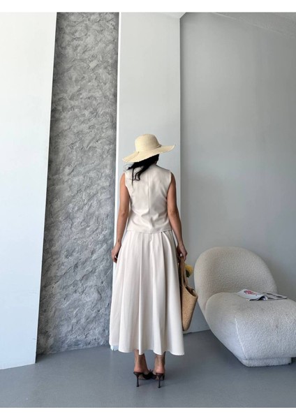 Kadın Alt Üst Takım Şık Düğme Detaylı Premium Yelek Etek Ikili Takım Elbise