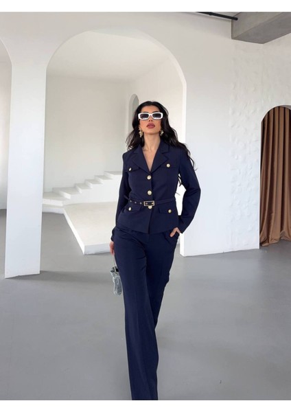 Kadın Kemerli Gold Düğmeli Ceket Palazzo Pantolon Takım Elbise fırsatları