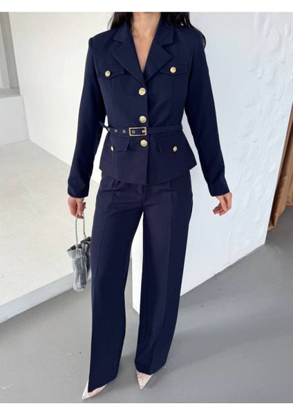 Kadın Kemerli Gold Düğmeli Ceket Palazzo Pantolon Takım Elbise