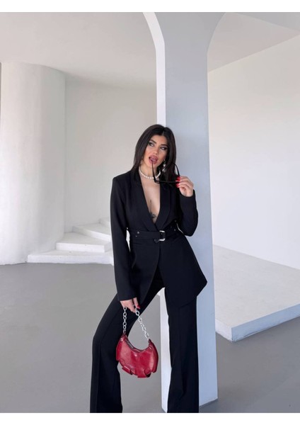 Kadın Ikili Kemer Detay Ceket Palazzo Pantolon Premium Takım Elbise