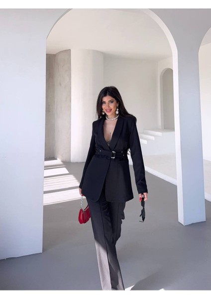 Kadın Ikili Kemer Detay Ceket Palazzo Pantolon Premium Takım Elbise fiyatları
