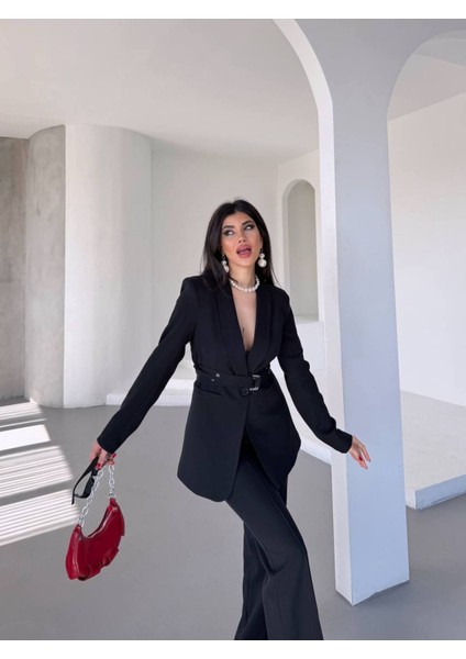 Kadın Ikili Kemer Detay Ceket Palazzo Pantolon Premium Takım Elbise modelleri