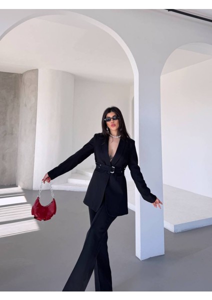 Kadın Ikili Kemer Detay Ceket Palazzo Pantolon Premium Takım Elbise indirimleri