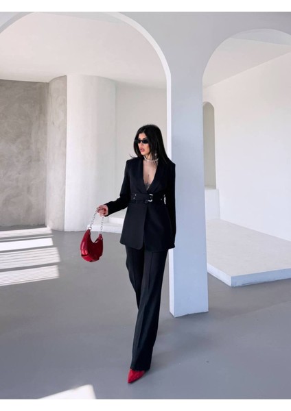 Kadın Ikili Kemer Detay Ceket Palazzo Pantolon Premium Takım Elbise