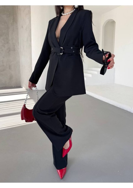 Kadın Ikili Kemer Detay Ceket Palazzo Pantolon Premium Takım Elbise