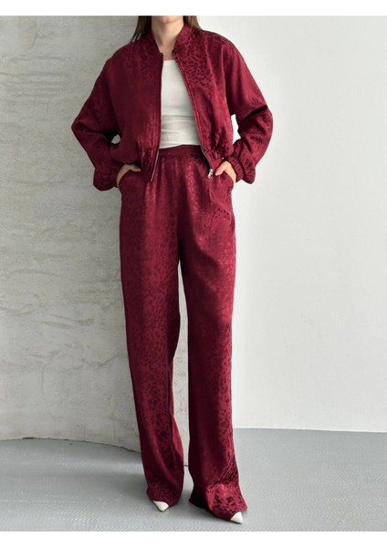 Kadın Leopar Saten Ceket Pantolon Ikili Takım