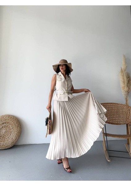 Kadın Kemerli Düğmeli Yelek Pileli Etek Takım Elbise indirimleri