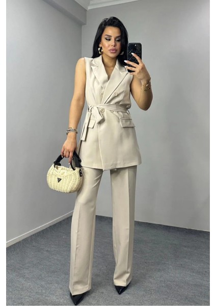 Kadın Kuşaklı Yelek Pantolon Takım Elbise