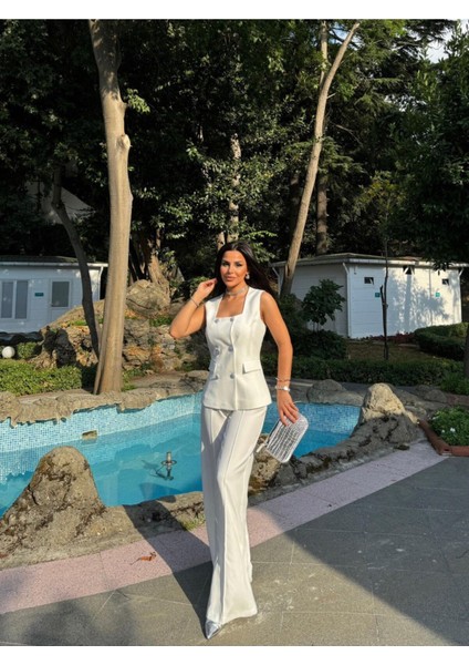 Kadın Düğmeli Yelek Pantolon Kare Yaka Takım modelleri