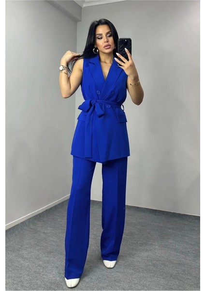 Kadın Kuşaklı Yelek Pantolon Takım Elbise