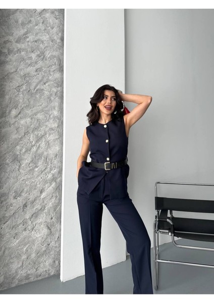 Kadın Kemerli Yelek Palazzo Pantolon Ikili Takım Elbise indirimleri