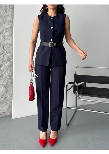 Kadın Kemerli Yelek Palazzo Pantolon Ikili Takım Elbise