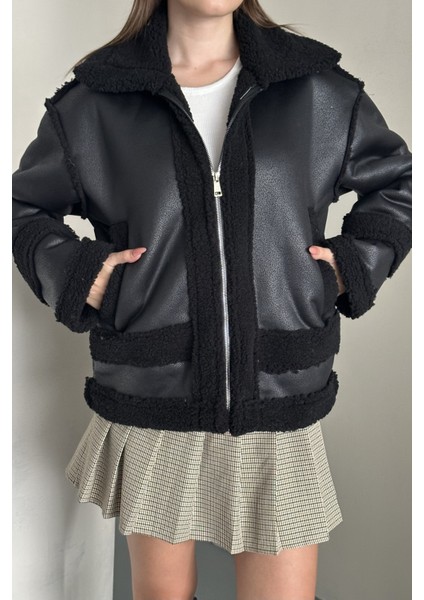 Kadın Içi Kürklü Oversize Suni Deri Mont - Peluş Detaylı Kaban Kışlık Şık Rahat Kombin