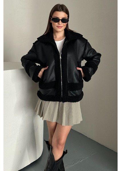 Kadın Içi Kürklü Oversize Suni Deri Mont - Peluş Detaylı Kaban Kışlık Şık Rahat Kombin fiyatları