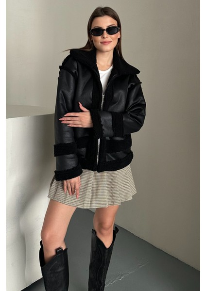 Kadın Içi Kürklü Oversize Suni Deri Mont - Peluş Detaylı Kaban Kışlık Şık Rahat Kombin fırsatları