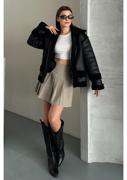 Kadın Içi Kürklü Oversize Suni Deri Mont - Peluş Detaylı Kaban Kışlık Şık Rahat Kombin indirimleri