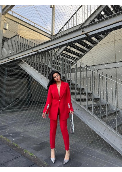 Kadın Taş Detaylı Ceket Pantolon Takım Elbise