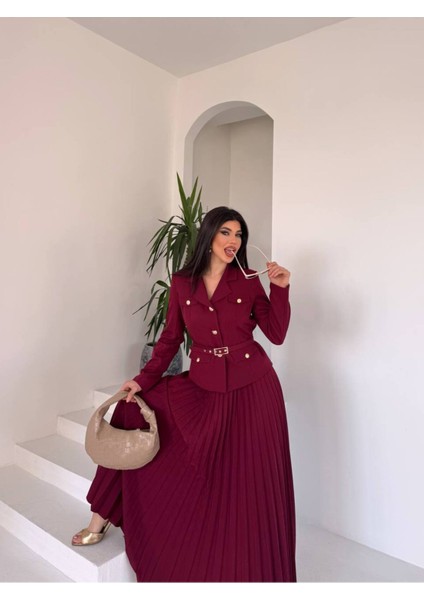 Kadın Kemerli Gold Düğmeli Premium Ceket Pileli Uzun Etek Takım Elbise fırsatları