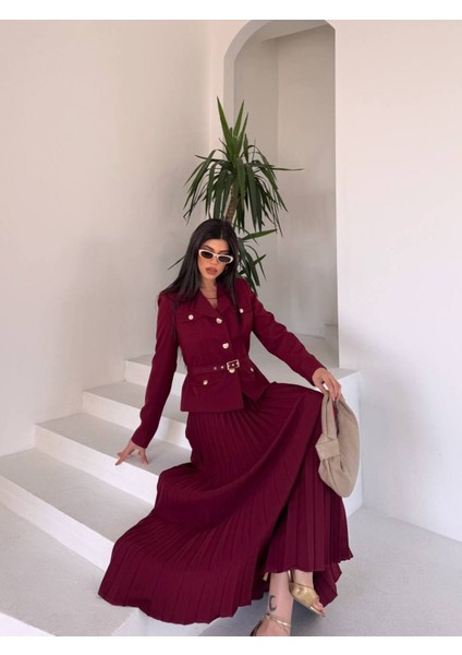 Kadın Kemerli Gold Düğmeli Premium Ceket Pileli Uzun Etek Takım Elbise indirimleri